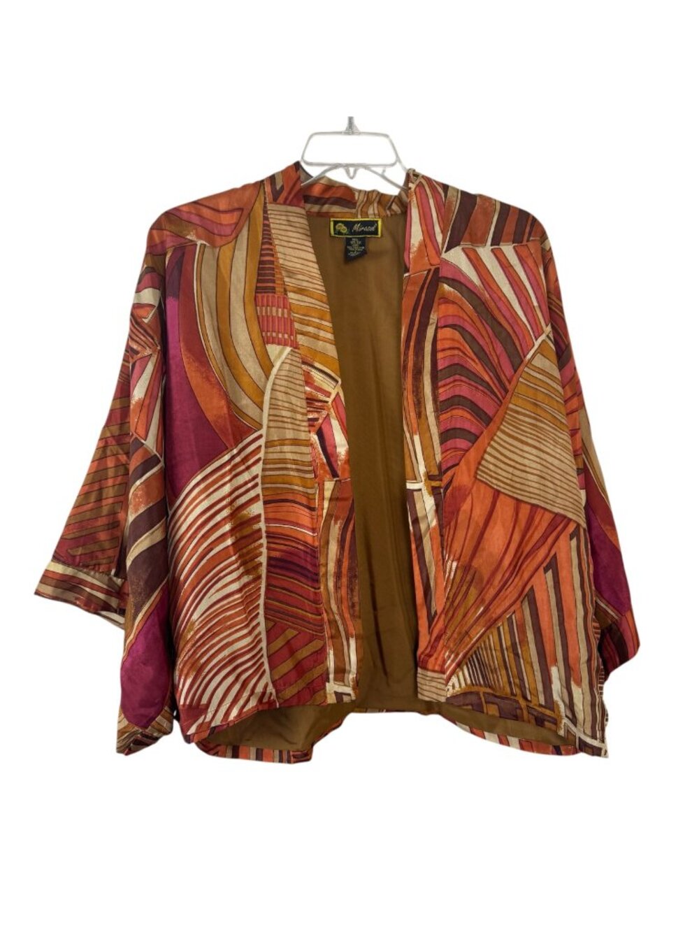 Mirasol 100% Silk Kimono Open Blouse Size Lrg Abstract Cardigan Jacket Brown